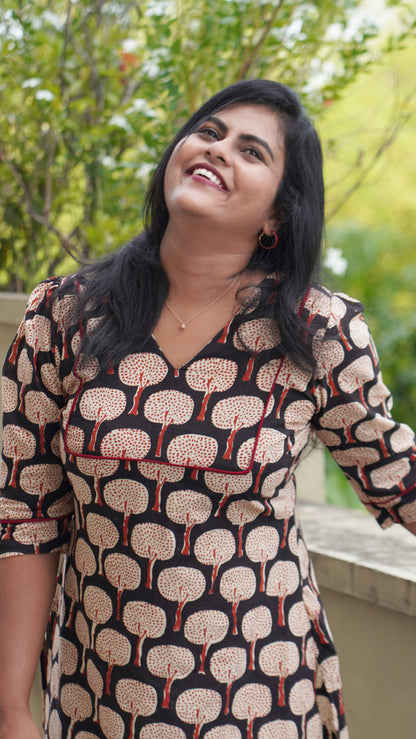 Black hand block printed Kurta with Puff sleeves image 0