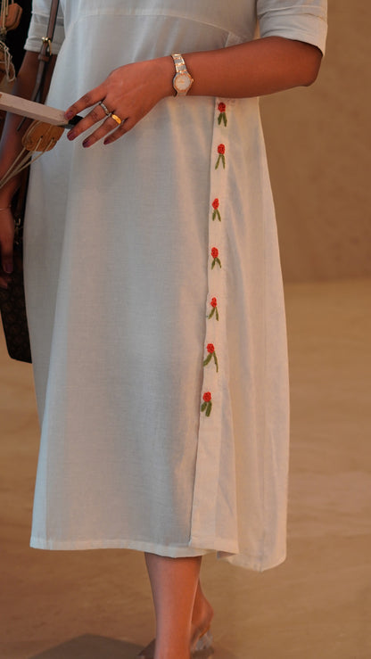 Encanto Off White Cotton Linen Embroidered Dress image 3