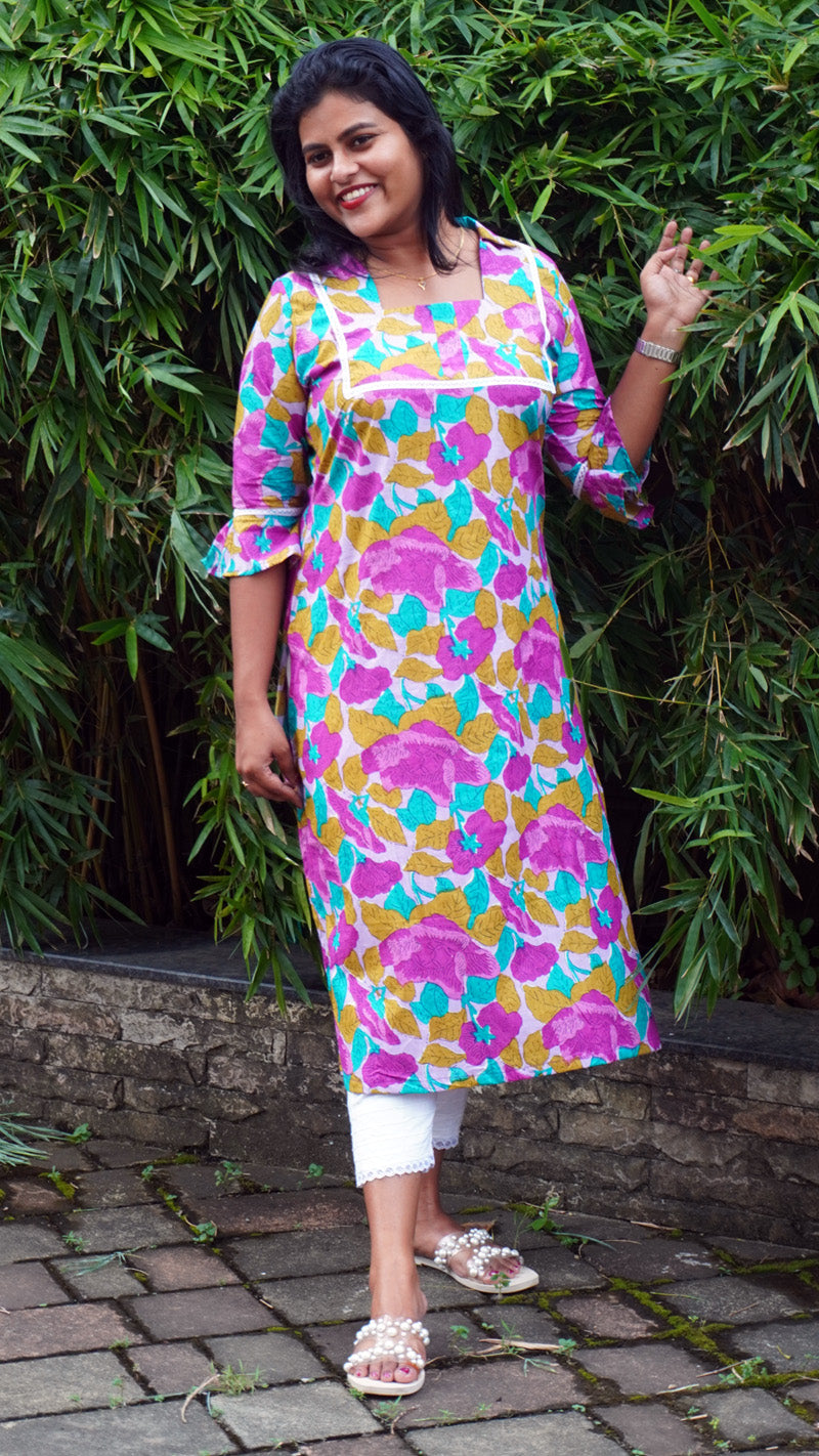 Lavender Purple Cotton Kurti with Leaf Patterns image 1