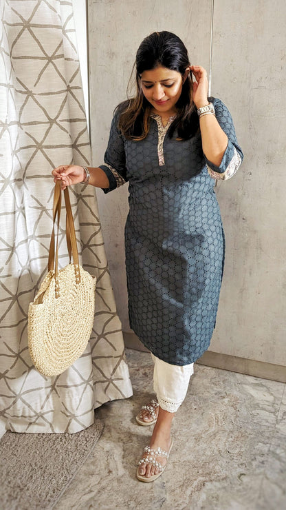 Hakoba Grey Kurta with Printed Patches on Sleeves and Neck image 1