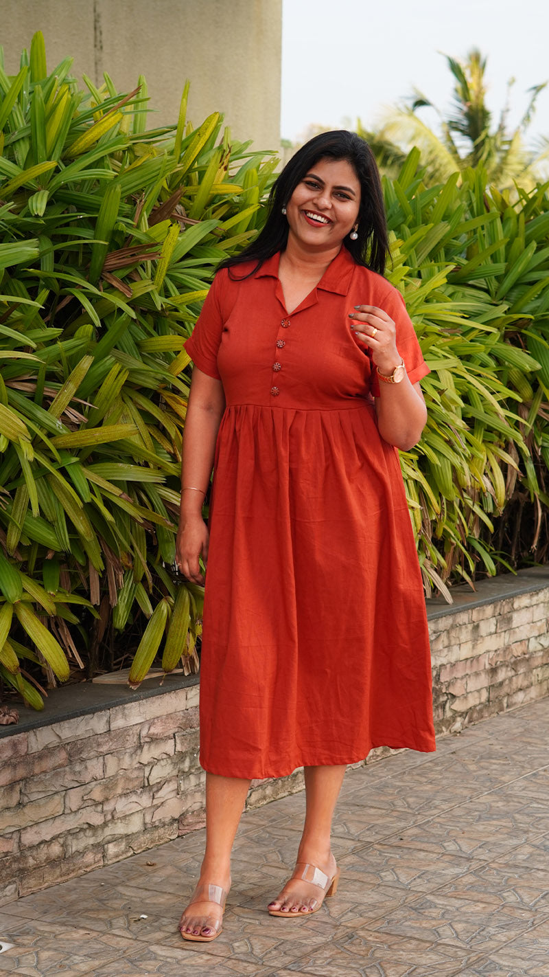 Fiery Orange Cotton Dress with Tie image 4