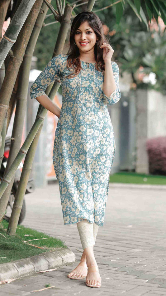 Blue and Beige Floral Hand Block Printed Kurti image 1