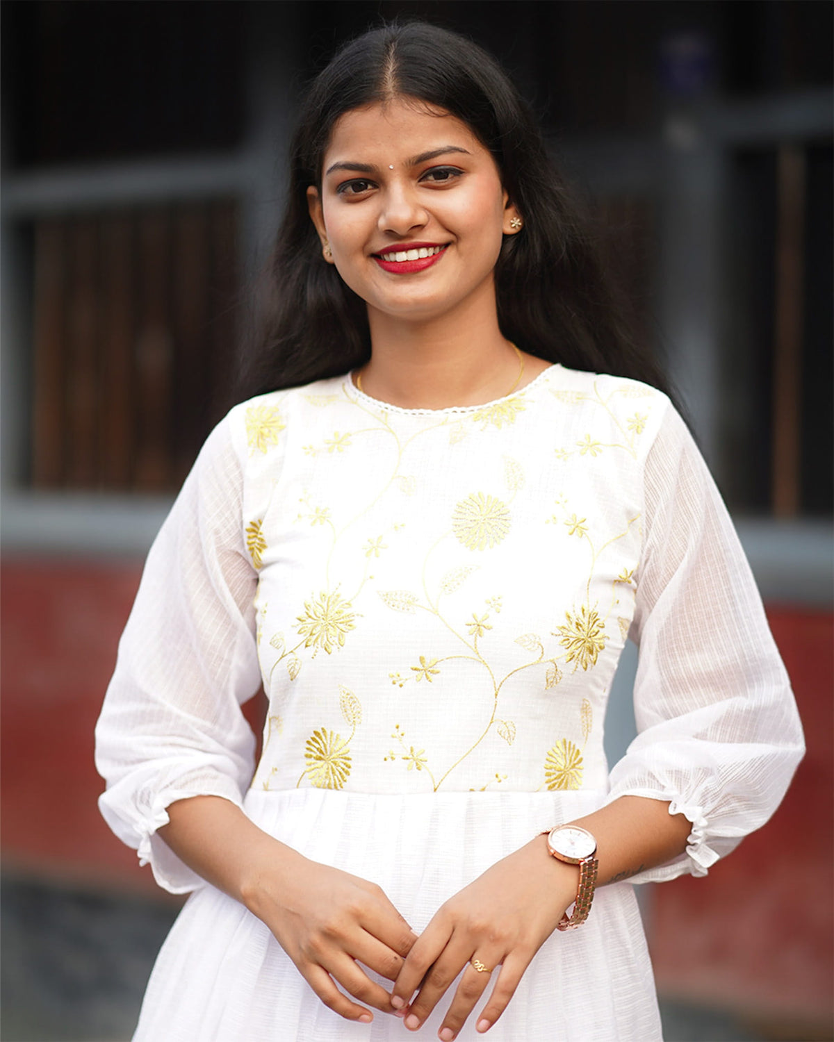 White and Yellow Embroidered Dress or Kurti image 3