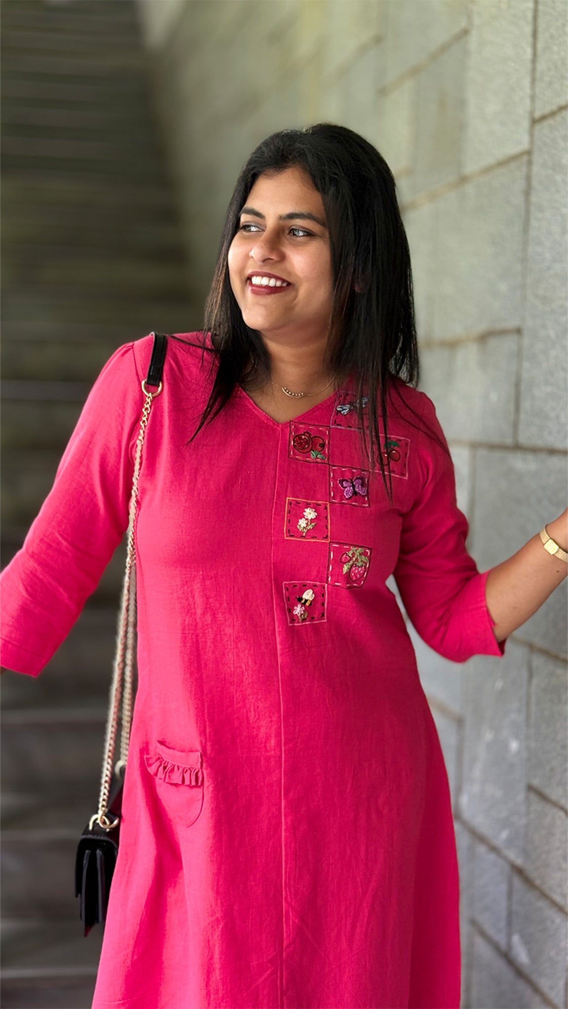 Cerise Pink Dress with Fruit and Butterfly Embroidery image 0