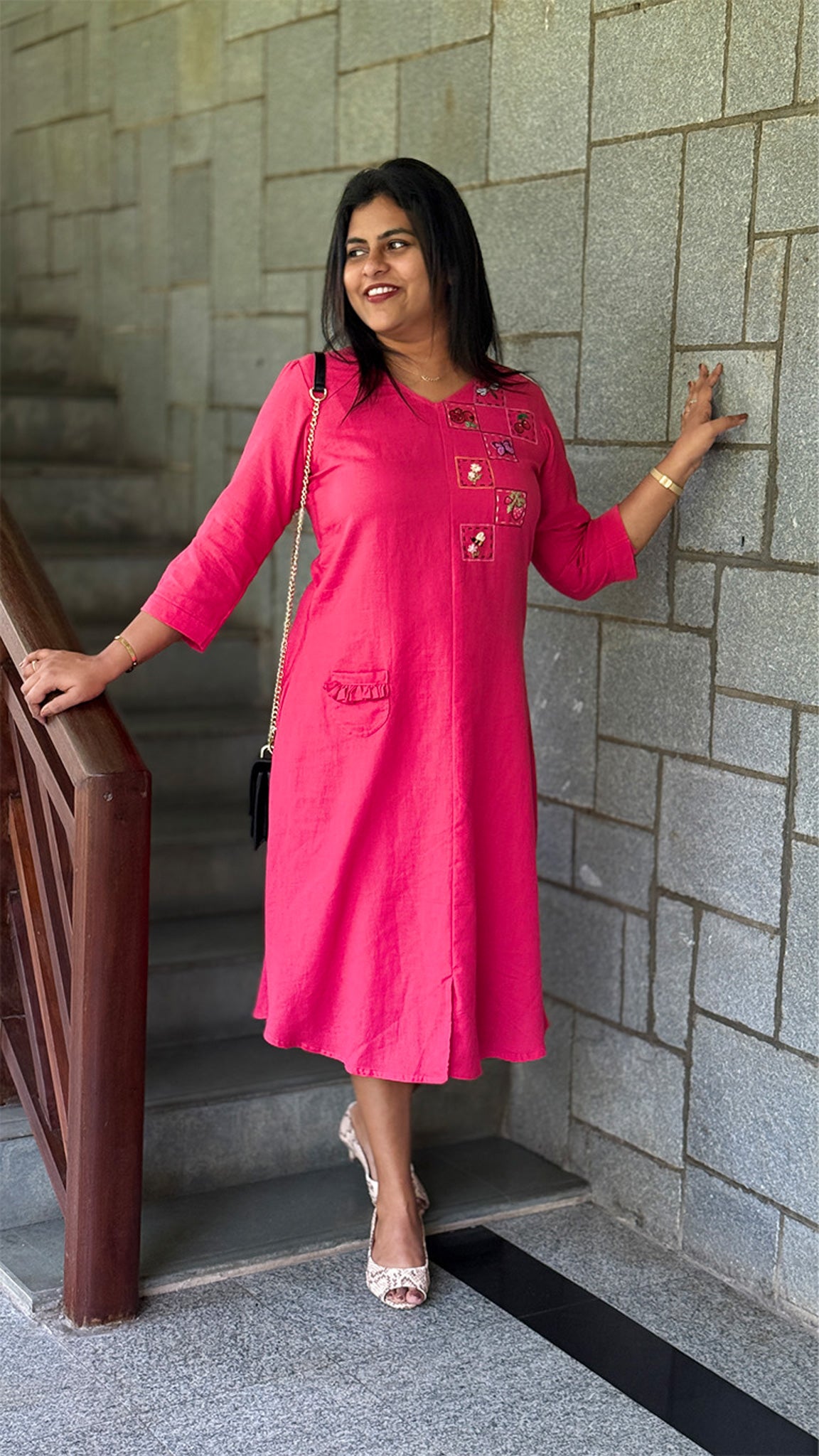 Cerise Pink Dress with Fruit and Butterfly Embroidery image 4