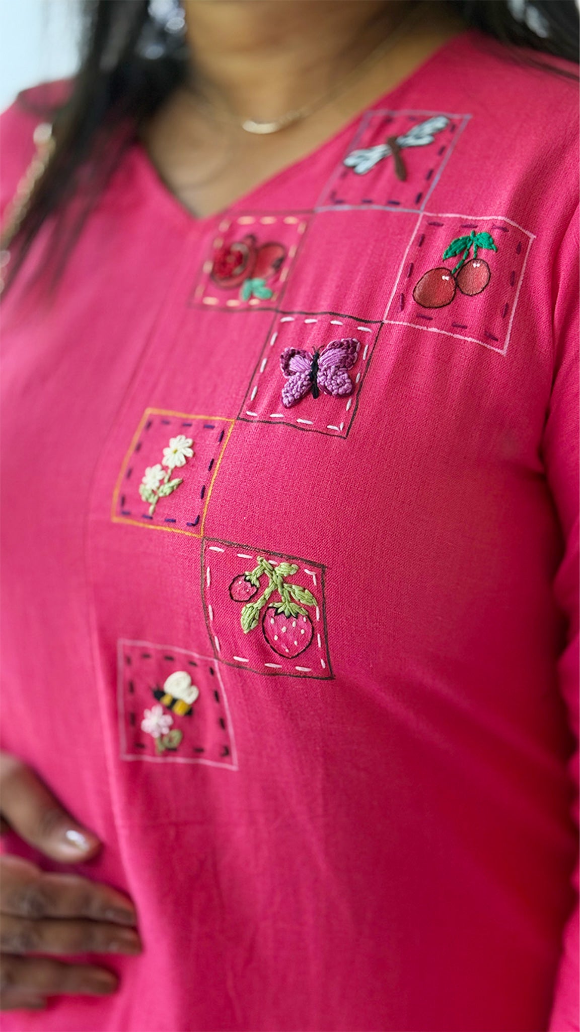 Cerise Pink Dress with Fruit and Butterfly Embroidery image 1