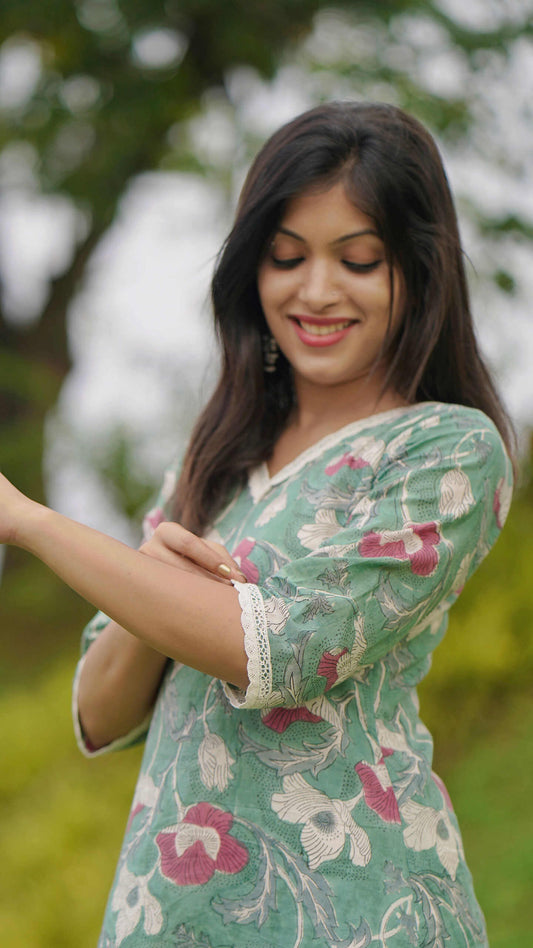 Hand Block Printed Light Green Kurti with White Floral Design image 1