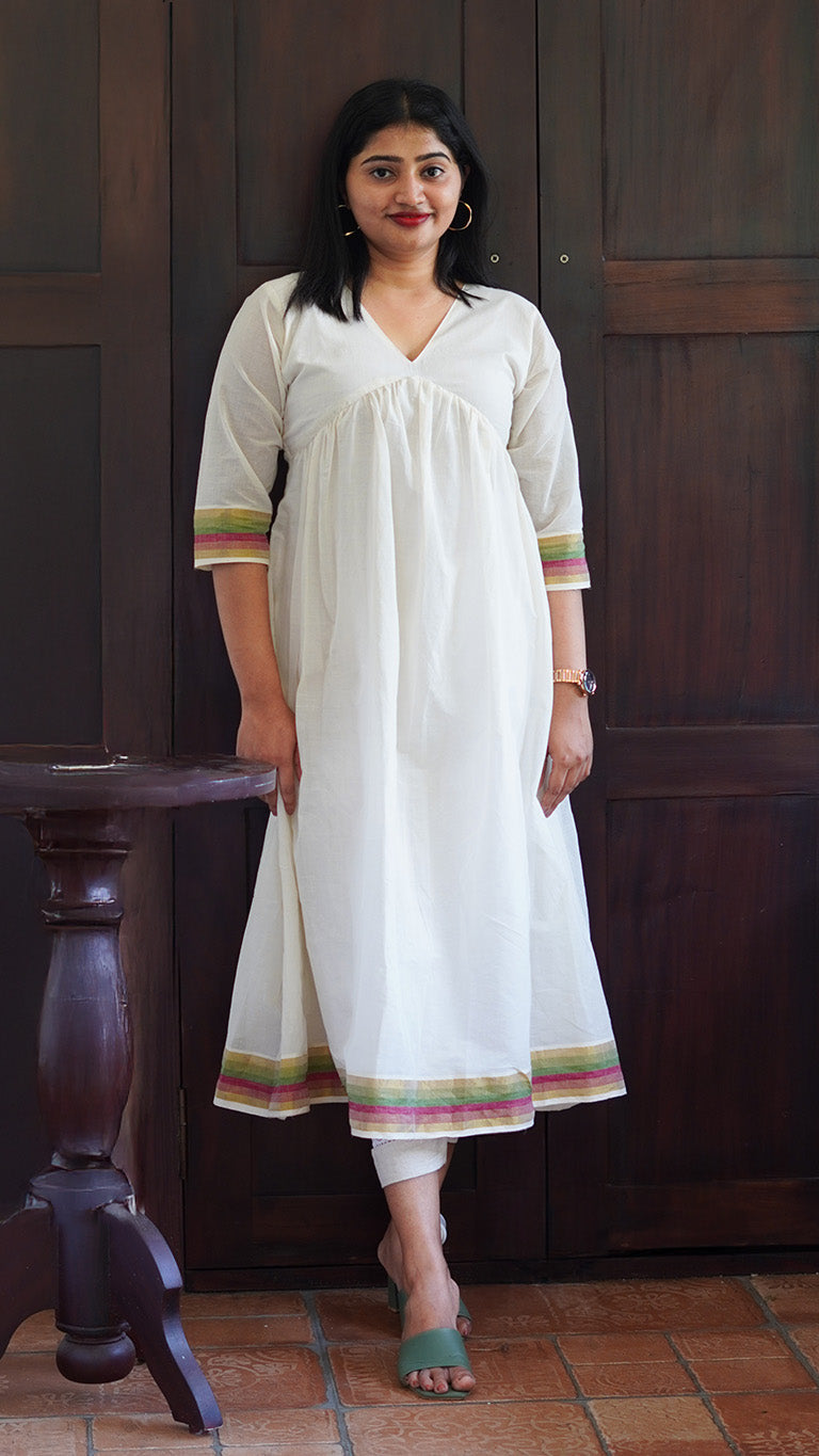 Aliya Cut Off-White Kurta with Pink, Green & Kasavu Border