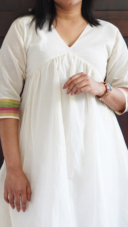 Aliya Cut Off-White Kurta with Pink, Green & Kasavu Border