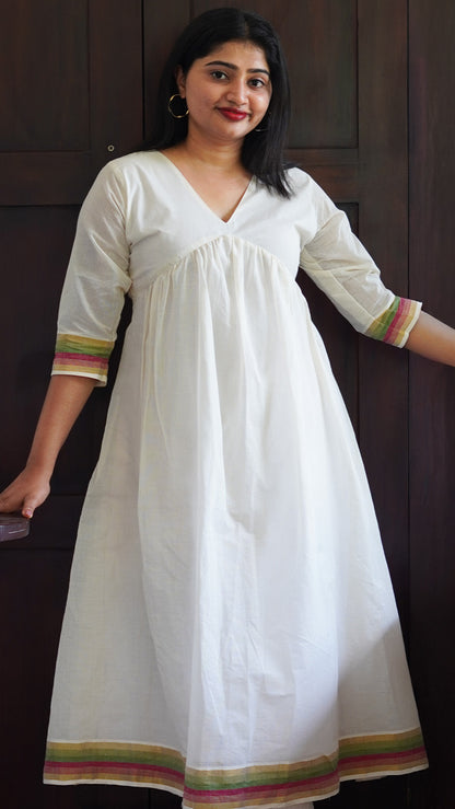 Aliya Cut Off-White Kurta with Pink, Green & Kasavu Border