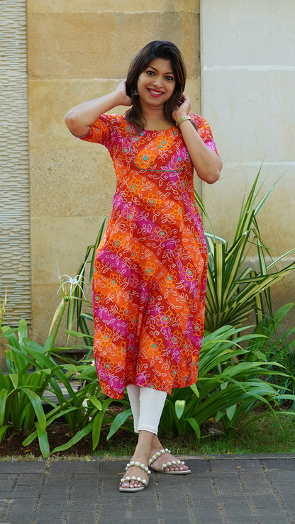 Red Orange and Purplish Pink Bandhani Printed Kurti with Mirror Work