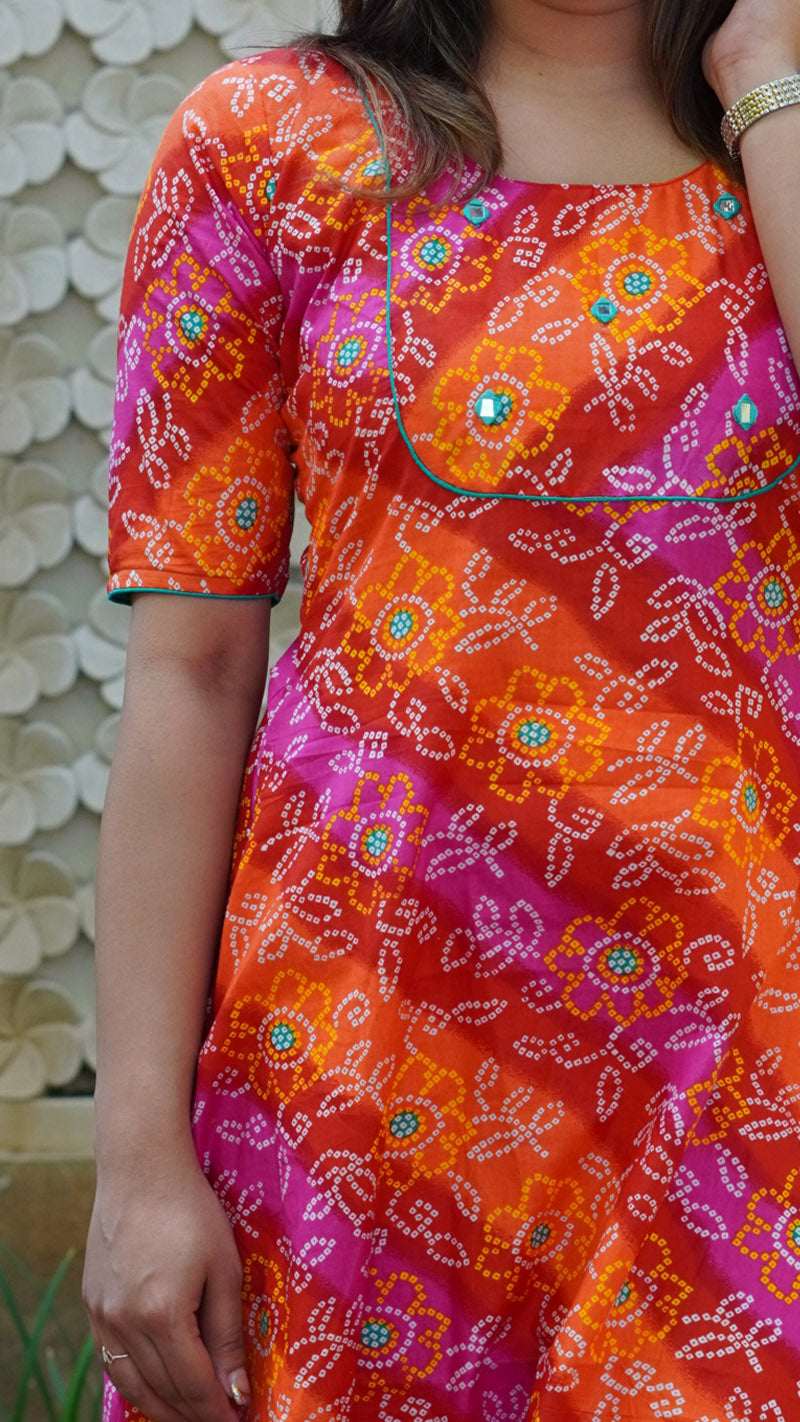 Red Orange and Purplish Pink Bandhani Printed Kurti with Mirror Work