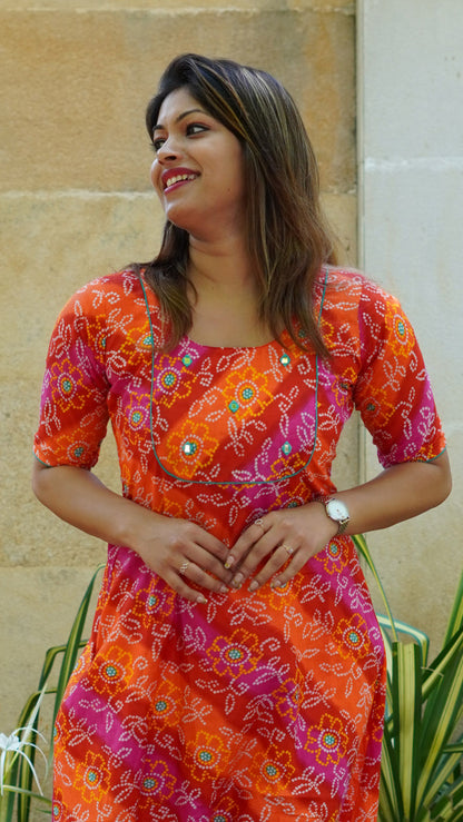 Red Orange and Purplish Pink Bandhani Printed Kurti with Mirror Work