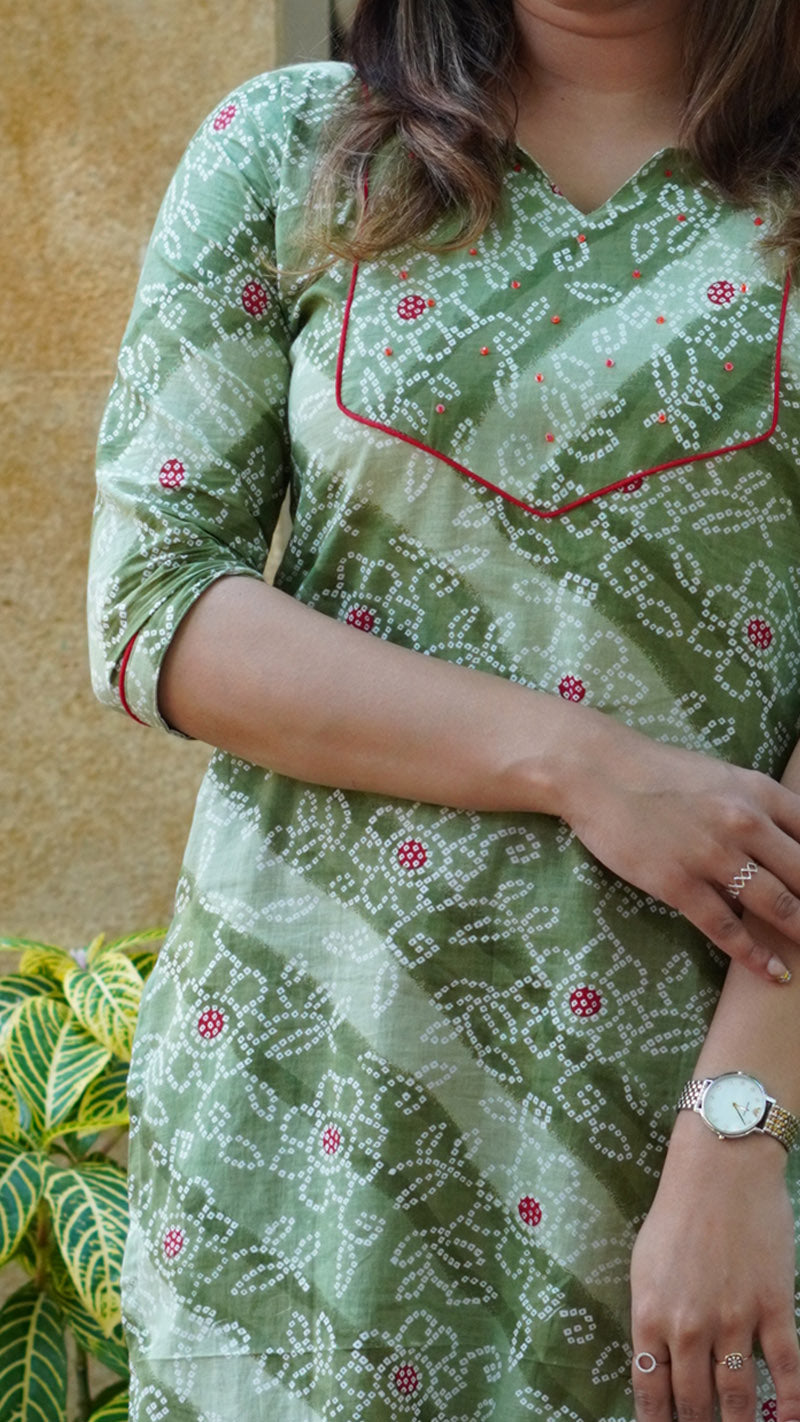 Woodland Green Bandhani Printed Kurti with Sequins hand embroidery