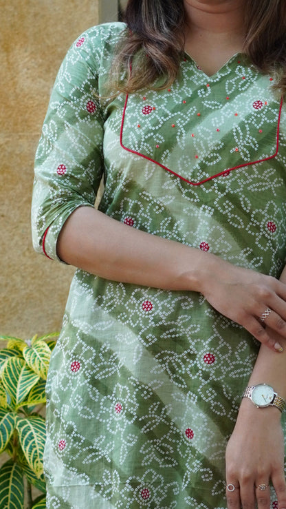 Woodland Green Bandhani Printed Kurti with Sequins hand embroidery