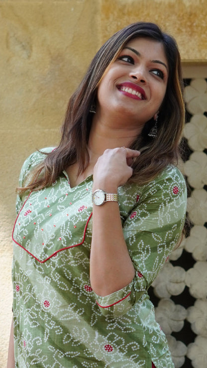 Woodland Green Bandhani Printed Kurti with Sequins hand embroidery