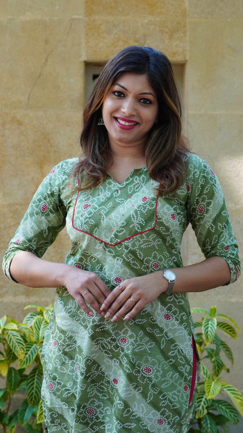 Woodland Green Bandhani Printed Kurti with Sequins hand embroidery