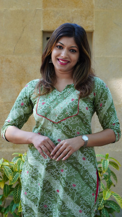 Woodland Green Bandhani Printed Kurti with Sequins hand embroidery
