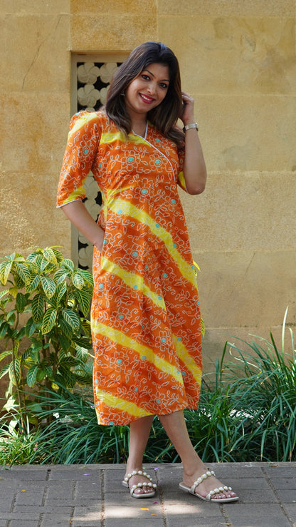 Orange and Yellow Bandhani Printed Kurti with Crochet Lace detailing