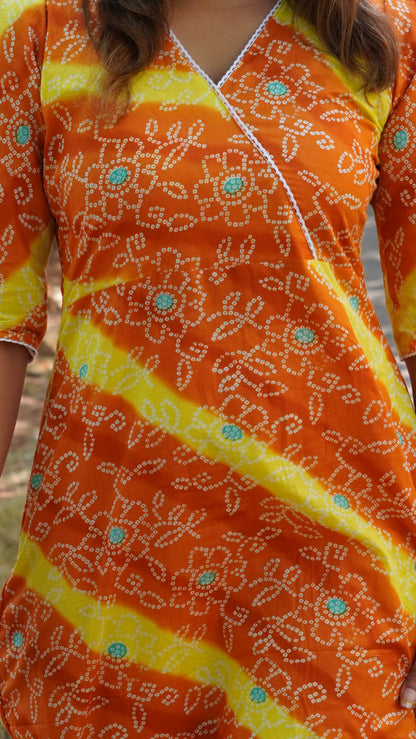 Orange and Yellow Bandhani Printed Kurti with Crochet Lace detailing