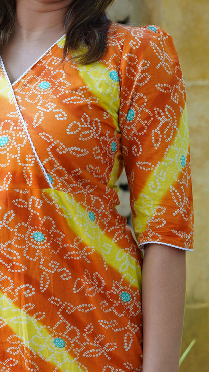 Orange and Yellow Bandhani Printed Kurti with Crochet Lace detailing