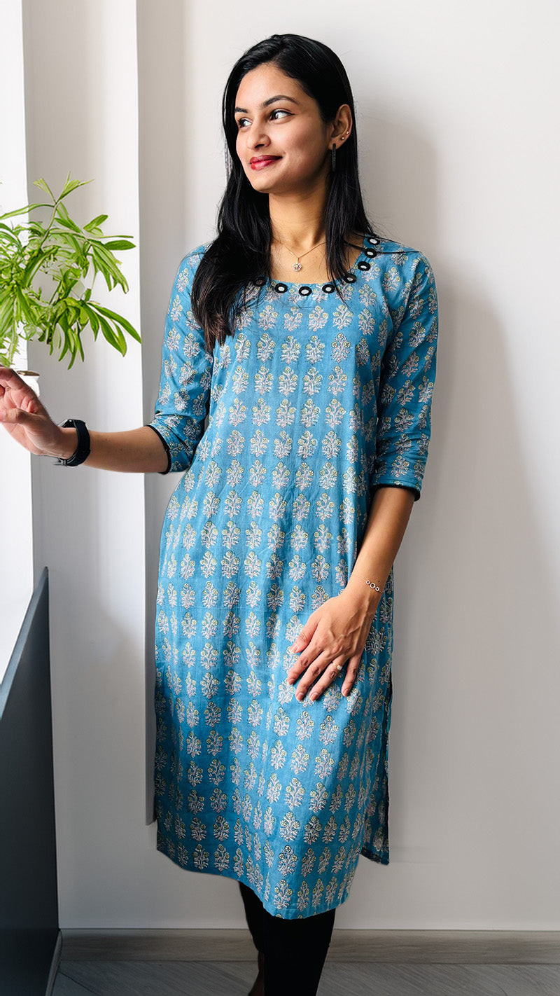 Blue Block Printed Cotton Kurti with Mirror Work