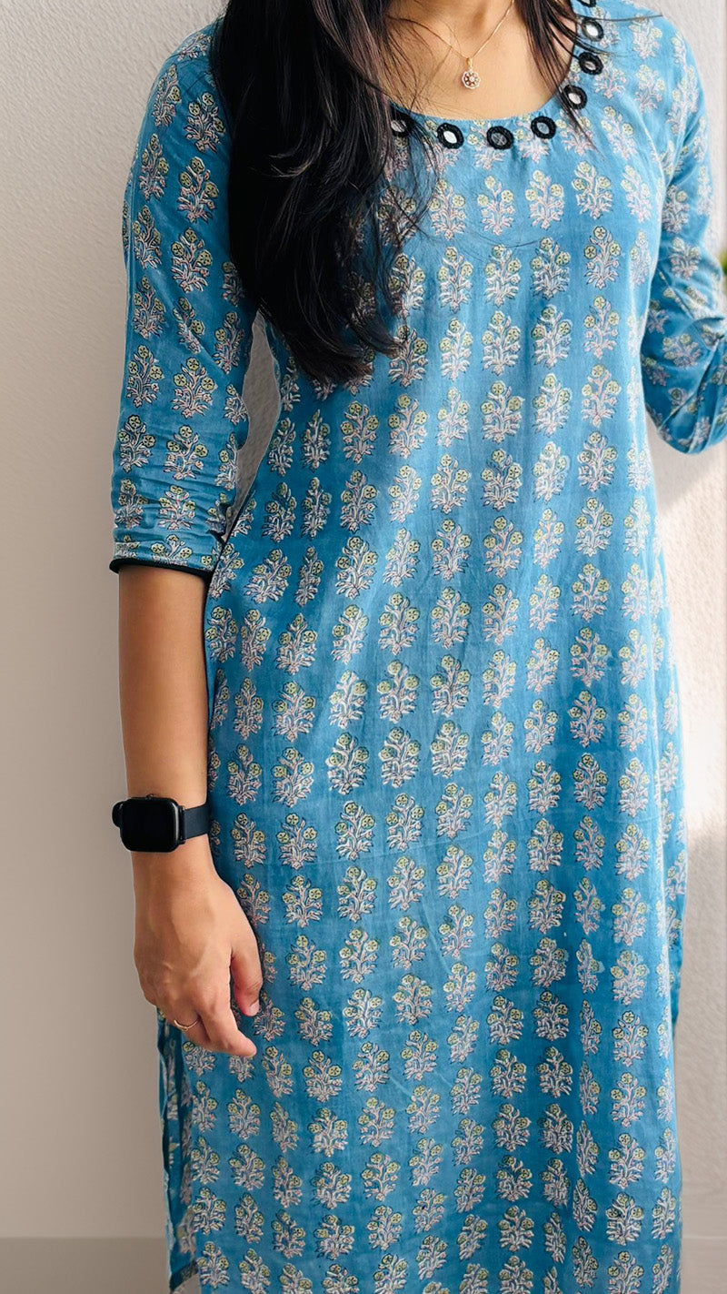 Blue Block Printed Cotton Kurti with Mirror Work
