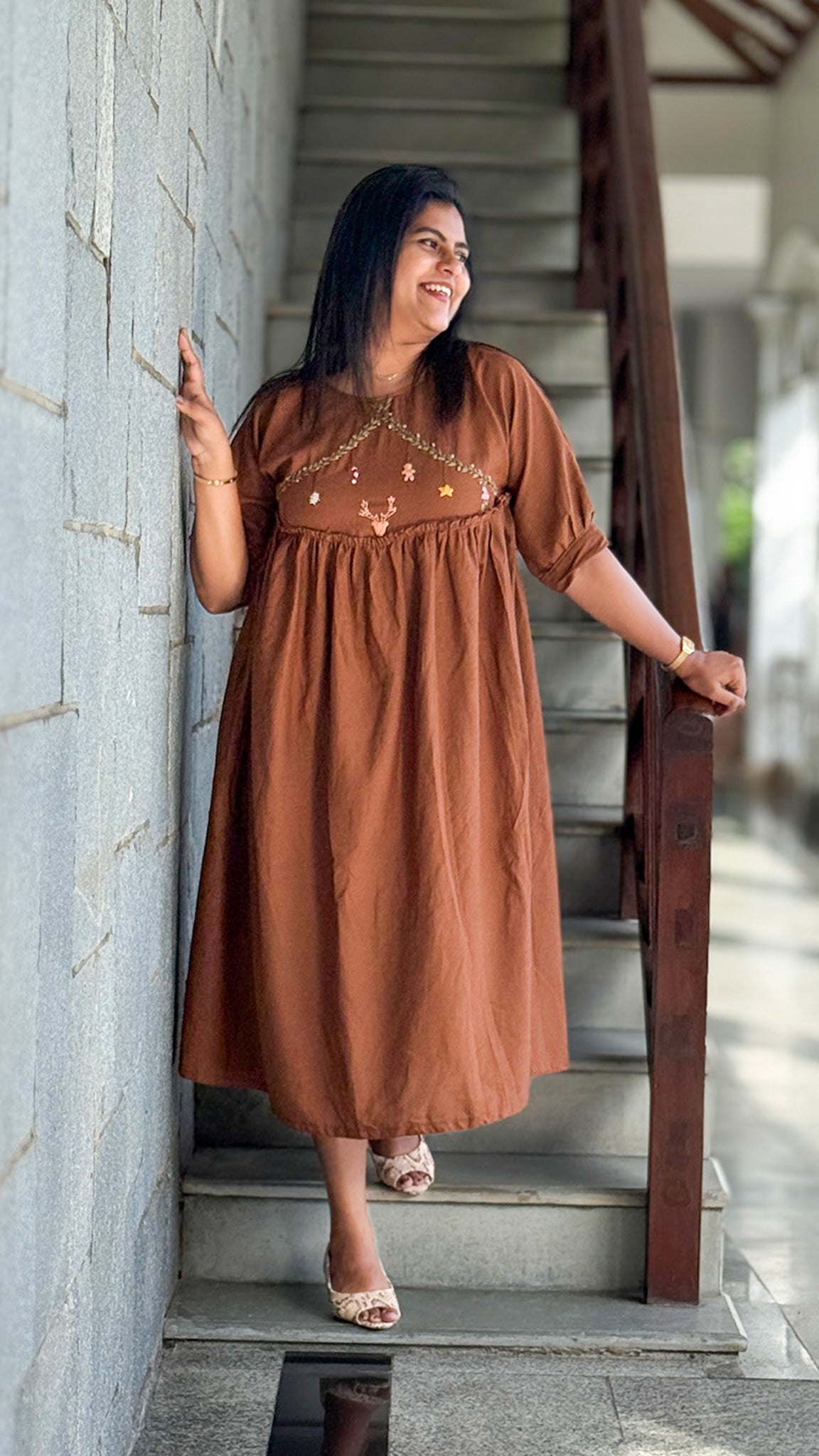 Caramel Brown Dress with Festive Deer Embroidery