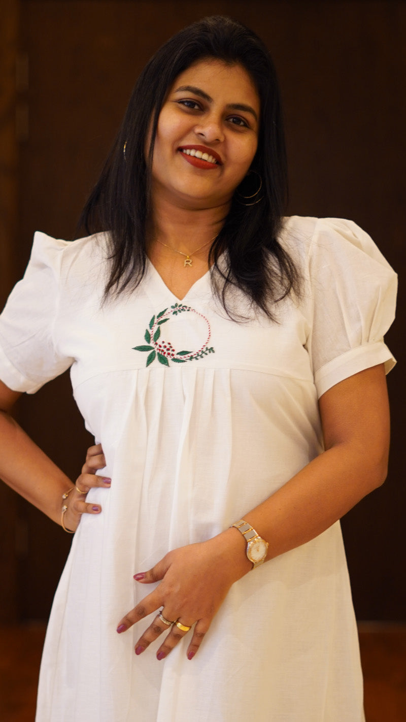 Florencia Off White Cotton Linen Embroidered Dress