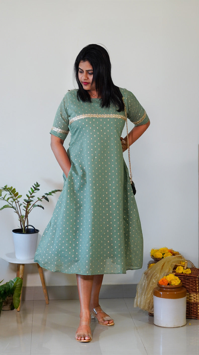 Mint Green A-Line Chanderi Silk Kurti with Gota Lace and Buta Work