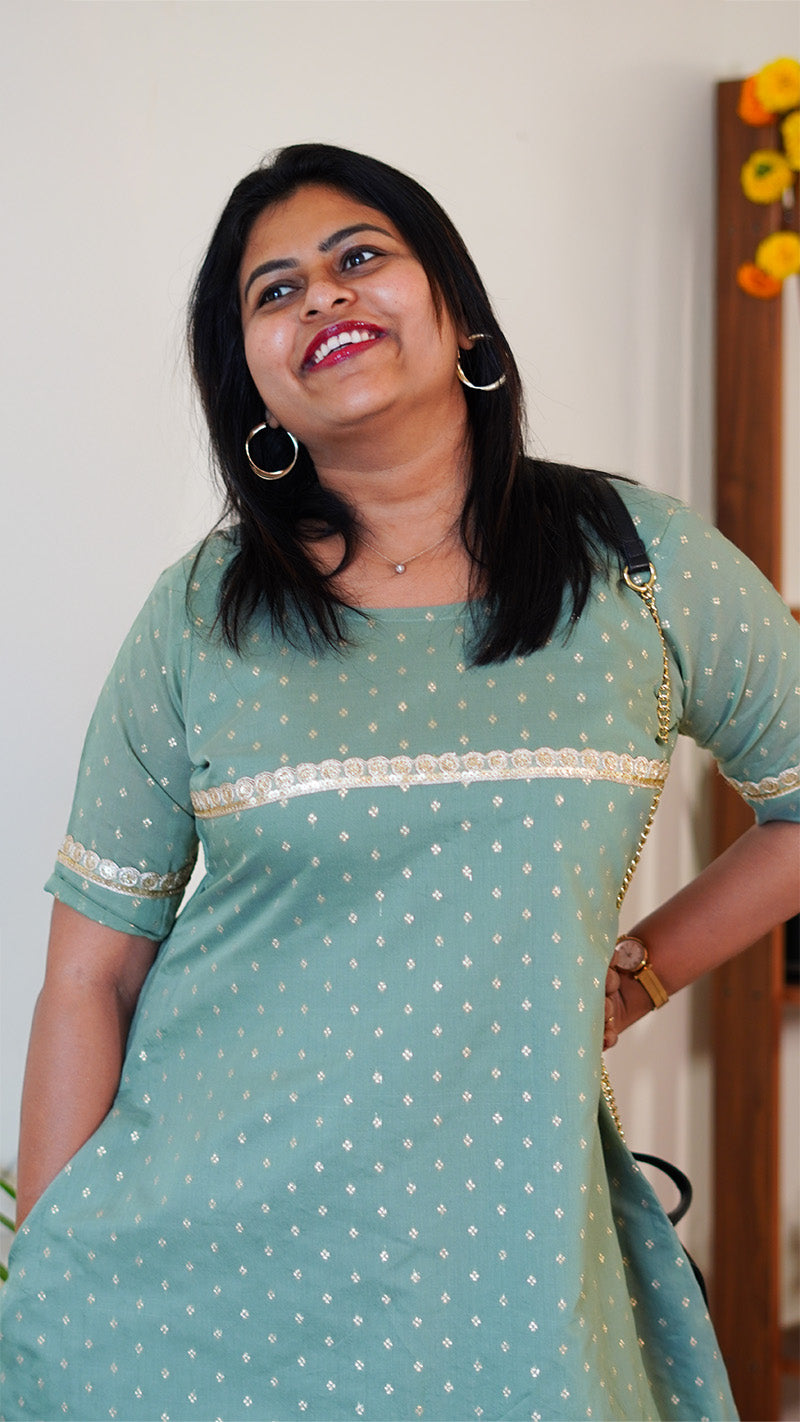 Mint Green A-Line Chanderi Silk Kurti with Gota Lace and Buta Work