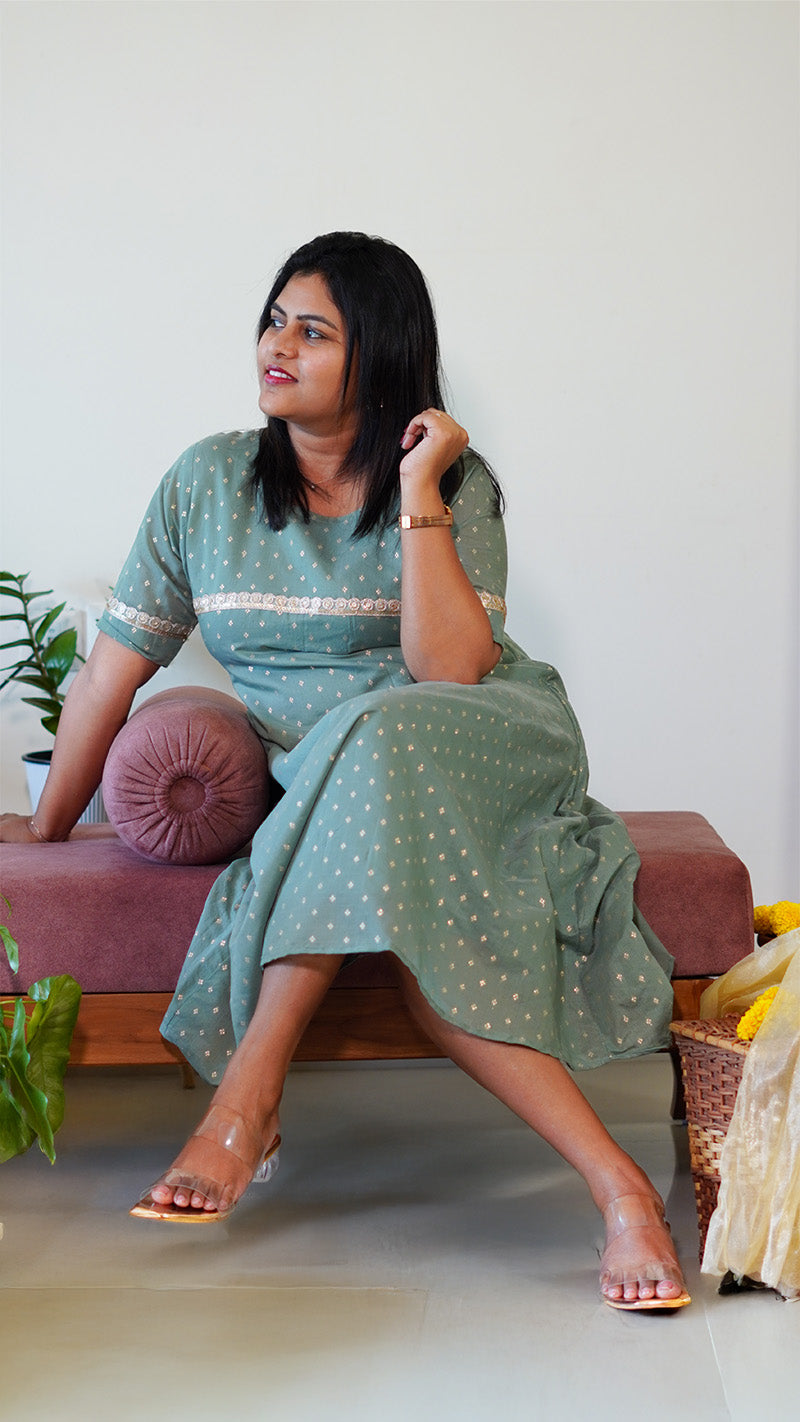 Mint Green A-Line Chanderi Silk Kurti with Gota Lace and Buta Work