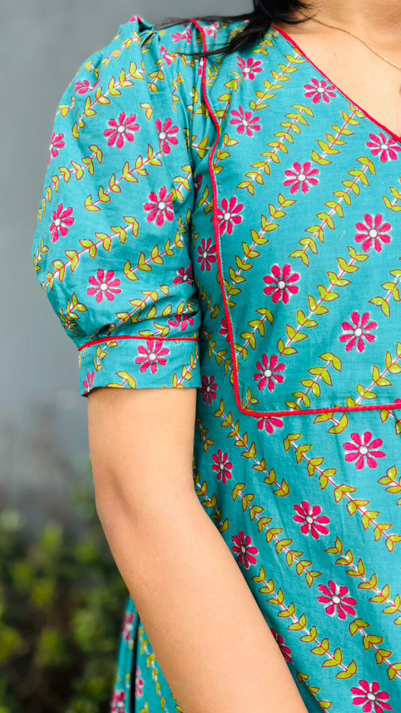Pale Teal Floral Cotton Dress Kurti