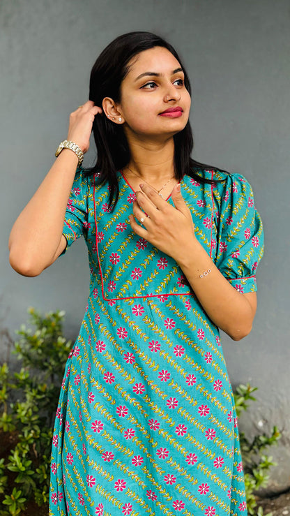 Pale Teal Floral Cotton Dress Kurti