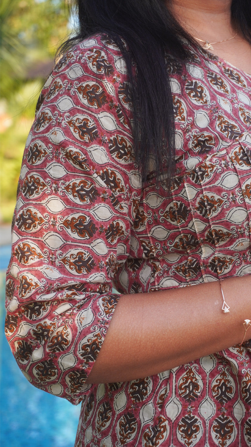 Pintucks Pink and White Hand Block Printed Kurti