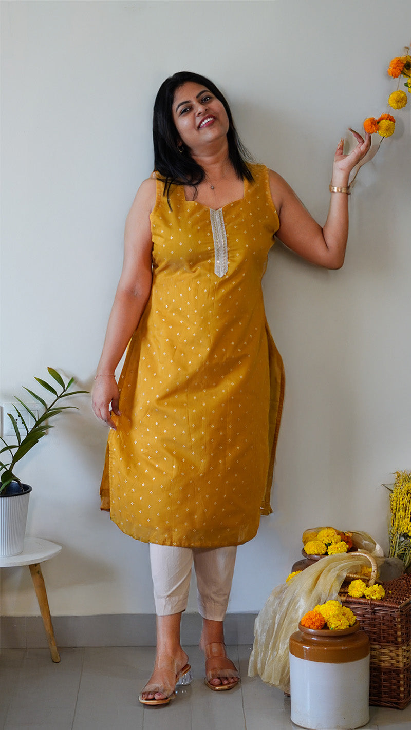 Mustard Yellow Chanderi Silk Kurti with Buta Work