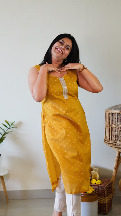 Mustard Yellow Chanderi Silk Kurti with Buta Work