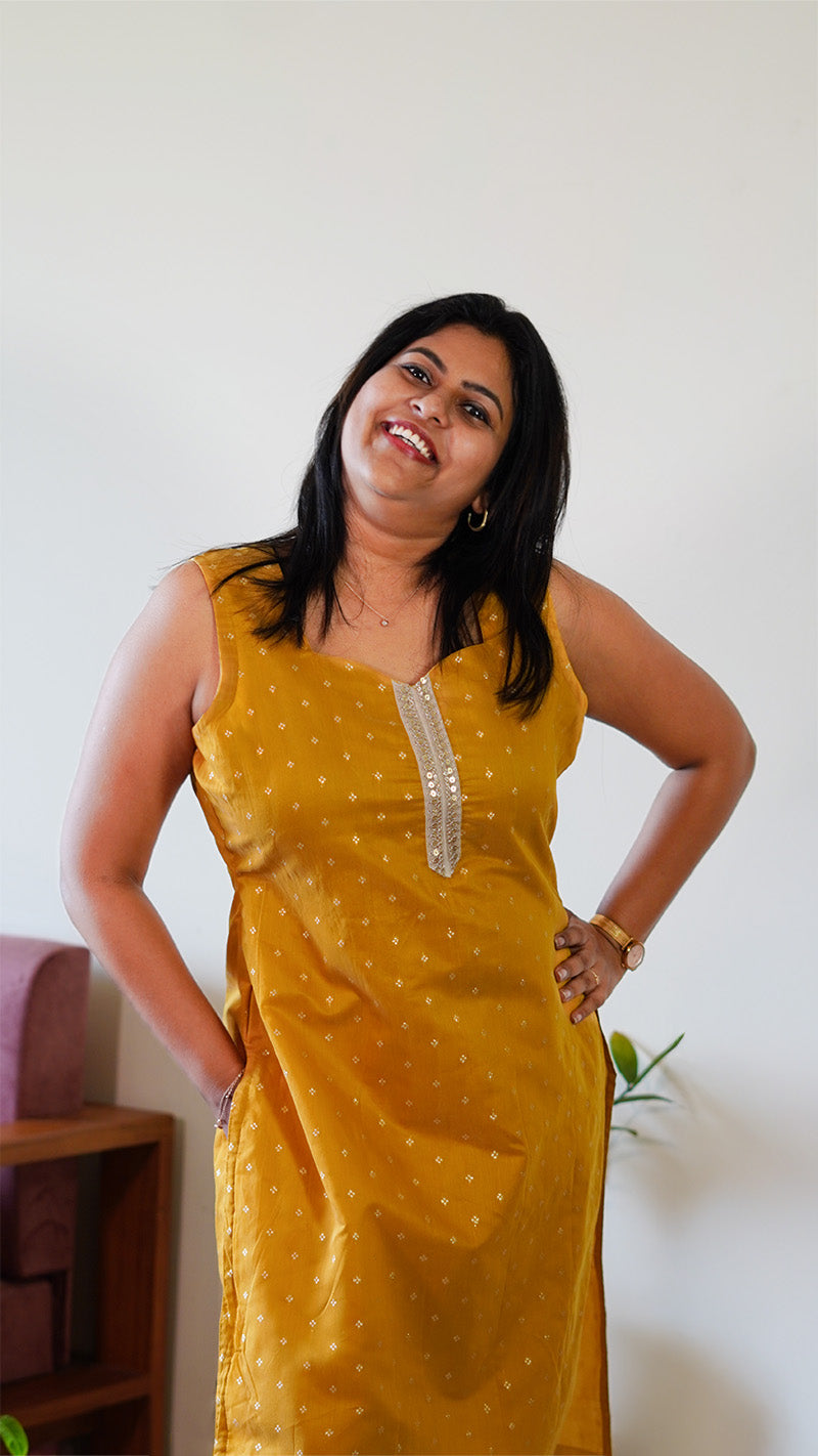 Mustard Yellow Chanderi Silk Kurti with Buta Work