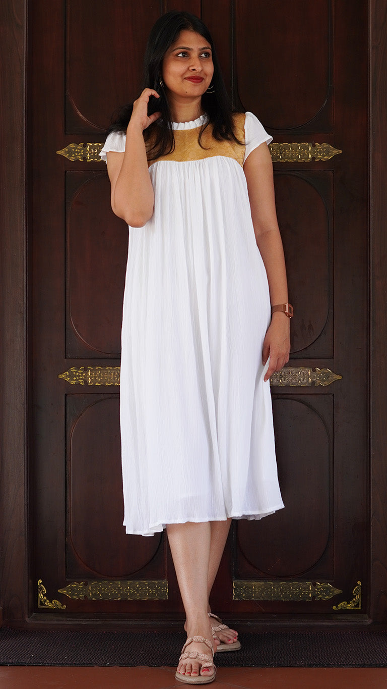 Off-White Pleated Premium Rayon Dress with Golden Brocade