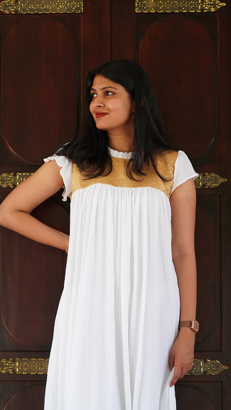 Off-White Pleated Premium Rayon Dress with Golden Brocade