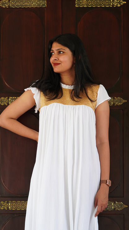 Off-White Pleated Premium Rayon Dress with Golden Brocade