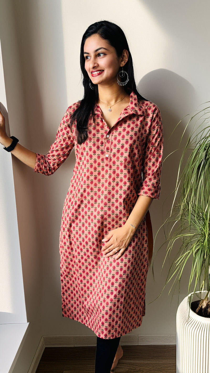 Peach Printed Cotton Kurti