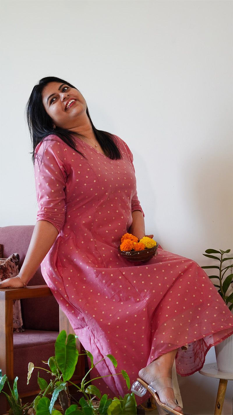 Dusty Rose Pink A-Line Chanderi Silk Kurti with Buta Work