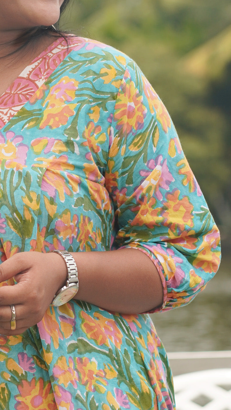 Aqua Blue Cotton Kurta with Floral Pattern