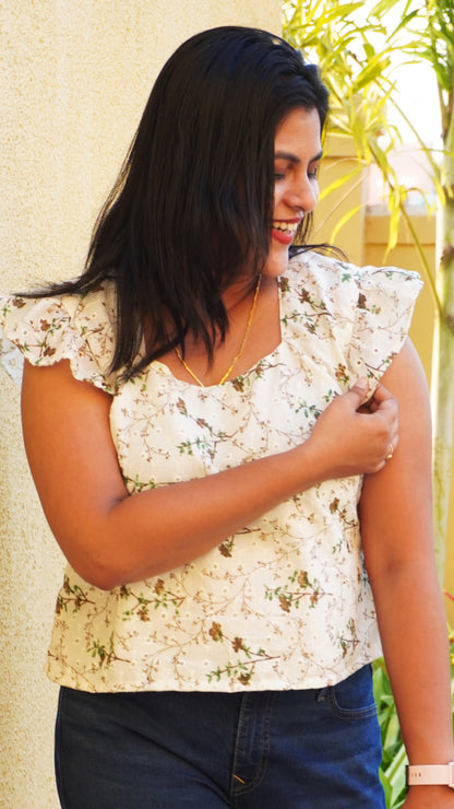 White Cap Sleeve Hakoba Top with Green and Brown Floral Design