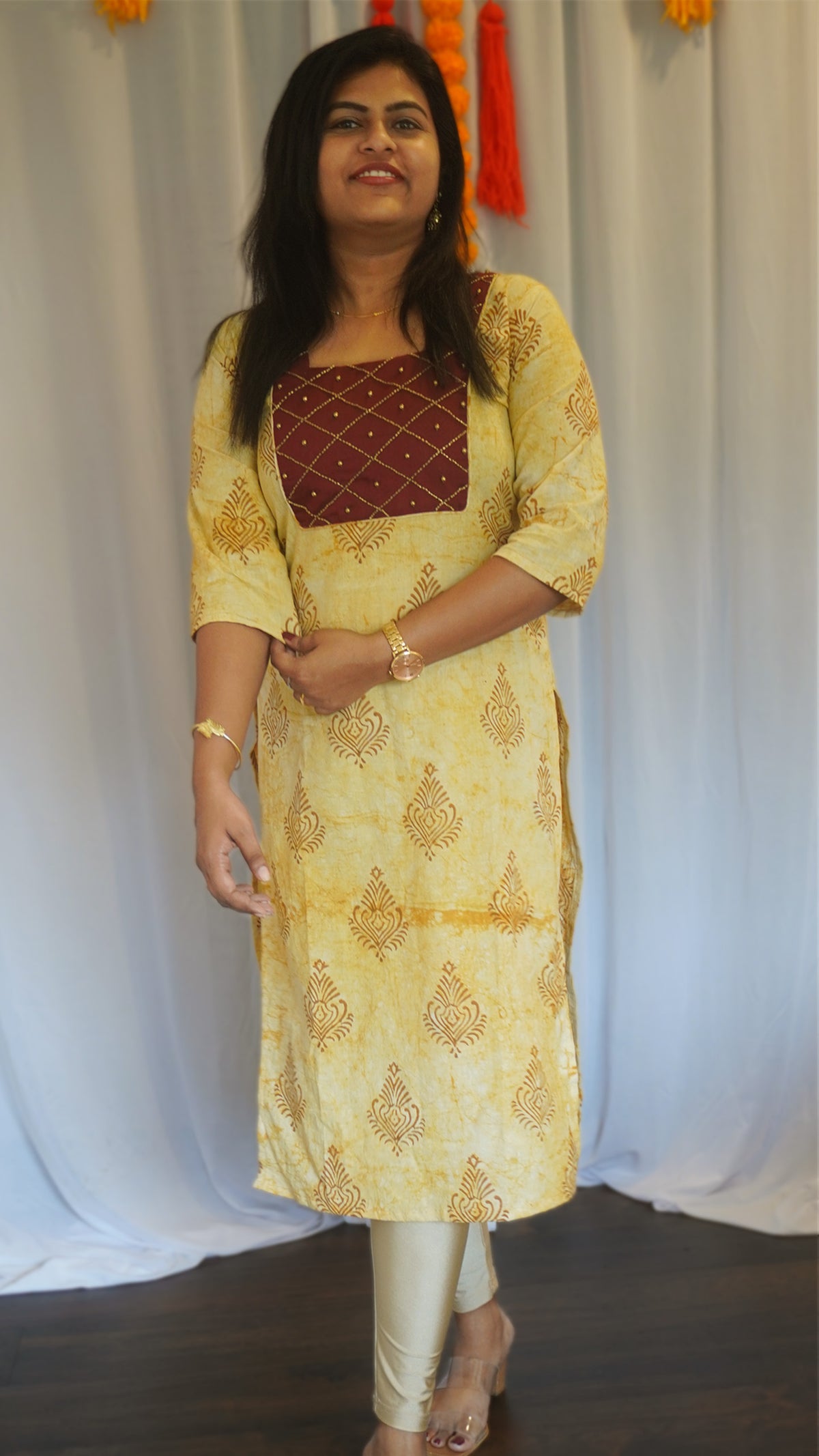 Ash Grey Kurti with floral prints and lace detailing
