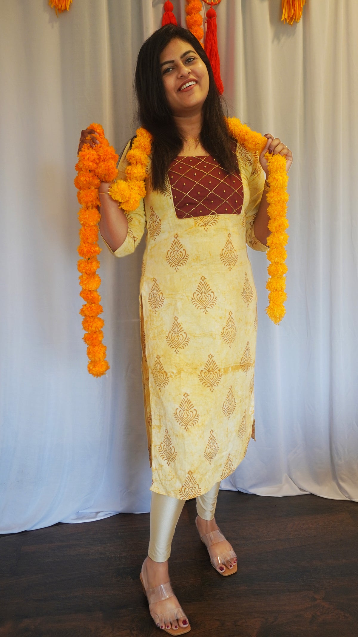 Ash Grey Kurti with floral prints and lace detailing
