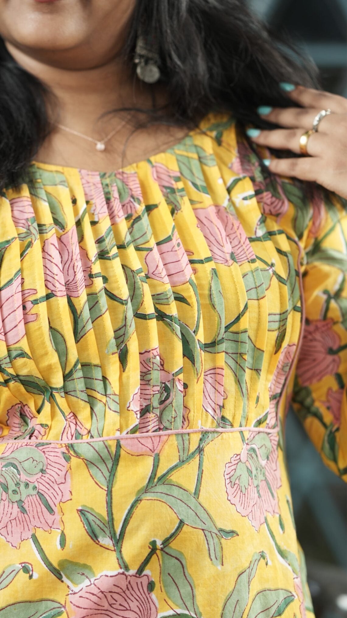 Yellow Cotton Kurta with Pink and Green Floral Pattern