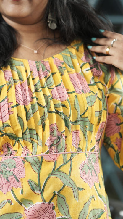 Yellow Cotton Kurta with Pink and Green Floral Pattern