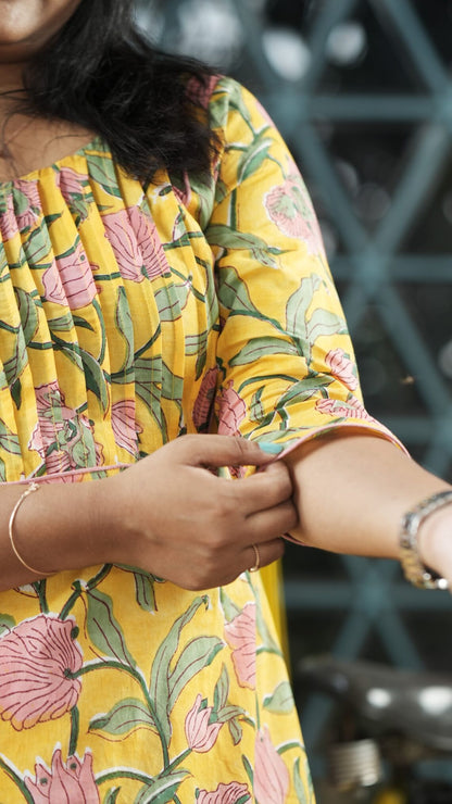 Yellow Cotton Kurta with Pink and Green Floral Pattern